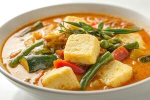 A bowl of food with tofu and vegetables photo