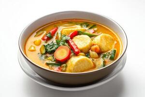 A bowl of curry with vegetables and tofu in it photo