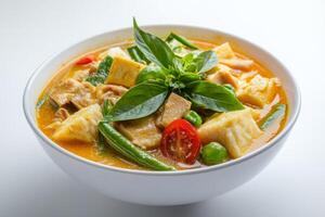 Thai curry with vegetables and chicken in a bowl photo