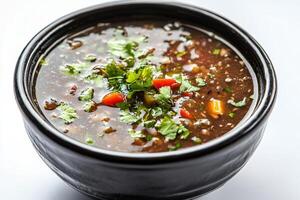 A bowl of soup with vegetables and herbs photo
