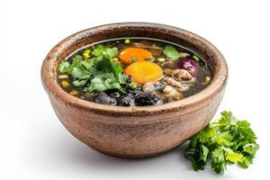 A bowl of soup with vegetables and herbs photo