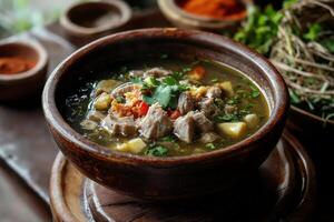un cuenco de sopa con carne y vegetales en un mesa foto