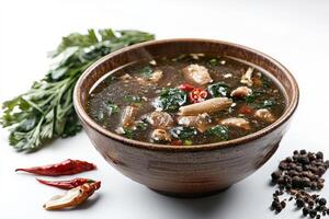 A bowl of soup with vegetables and herbs photo