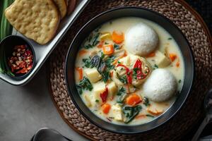 A bowl of soup with dumplings and vegetables photo