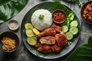 Chicken with rice, cucumber and other vegetables on a plate photo