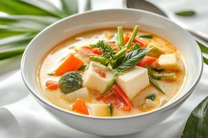 Thai curry with tofu and vegetables in a bowl photo