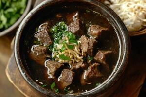 A bowl of beef and rice with a side of herbs photo