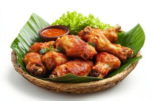 Chicken wings in basket with sauce and lettuce on white background photo