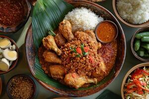 A table with many bowls of food and rice photo