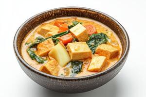 A bowl of curry with tofu and vegetables photo
