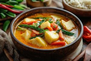 Thai curry with vegetables and rice in a bowl photo