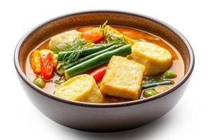 A bowl of soup with tofu, vegetables and other ingredients photo