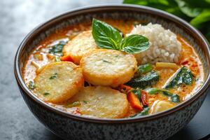 A bowl of curry with rice and vegetables photo