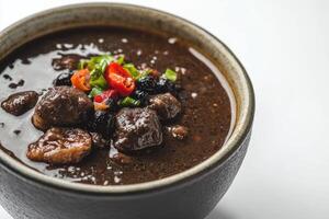 A bowl of soup with meat and vegetables photo