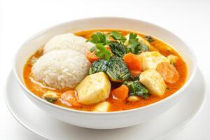 A bowl of food with rice and vegetables photo