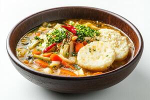 A bowl of soup with dumplings and vegetables photo