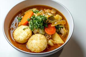 A bowl of soup with dumplings and carrots photo