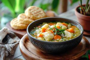 A bowl of soup with carrots and potatoes on a wooden table photo