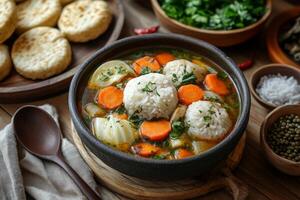A bowl of soup with dumplings and vegetables on a wooden table photo