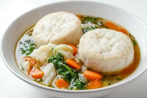 A bowl of soup with two dumplings in it photo