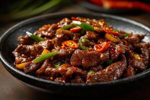 Chinese beef stir fry with chili peppers photo