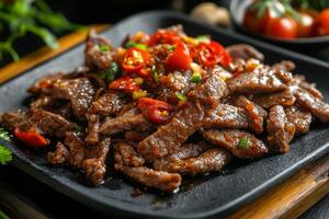 Chinese beef with tomatoes and herbs on a black plate photo