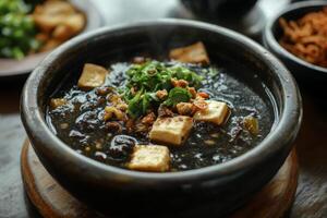 Chinese black bean soup with tofu and vegetables photo