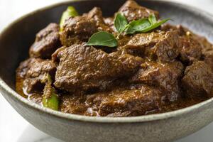 A bowl of beef curry with green leaves on top photo