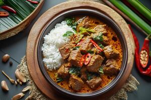 Thai beef curry with rice and vegetables photo