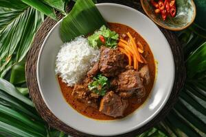 Thai beef curry with rice and vegetables photo
