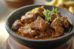 A bowl of beef stew with a spoon photo
