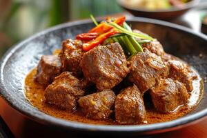 A bowl of beef and vegetables on a table photo