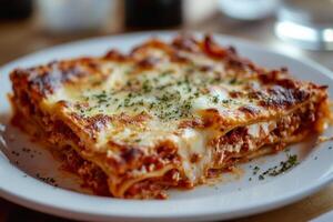 A slice of lasagna on a plate photo