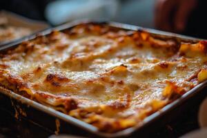 A casserole dish with cheese and meat photo