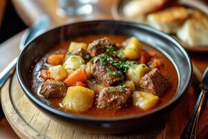 A bowl of stew with potatoes and carrots on a wooden table photo