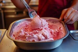 A person is scooping pink ice cream into a bowl photo