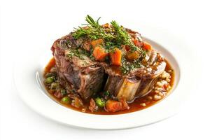 A plate of meat with vegetables and gravy photo