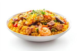 A bowl of rice with shrimp, vegetables and meat photo