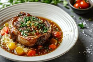 A plate of meat and vegetables with gravy photo
