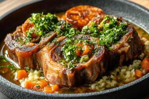 A plate of meat and rice with herbs photo