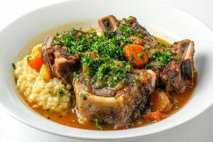A bowl of meat and vegetables with a sauce photo