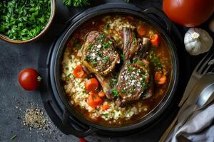 A bowl of meat and vegetables with rice and vegetables photo