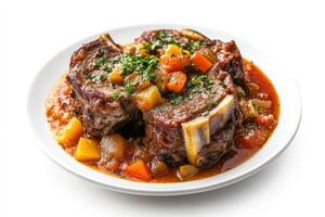 A plate of meat with vegetables and gravy photo