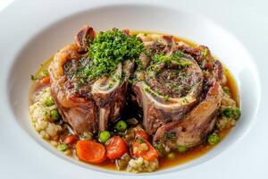 A plate of meat with vegetables and rice photo