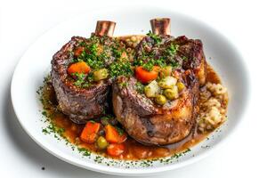Two racks of lamb with vegetables and rice photo