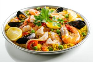 A plate of seafood and rice with a garnish photo