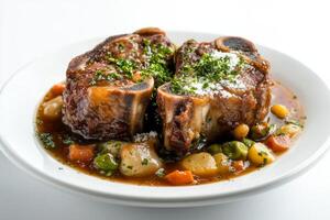 A plate of meat with vegetables and gravy photo