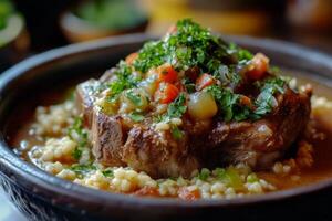 A bowl of meat and vegetables with a sauce photo