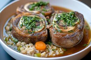 A bowl of food with meat and vegetables in it photo