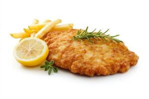 A fried chicken cutlet with fries and a lemon photo